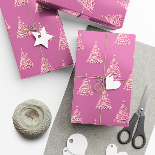 Elegant Whimsical Pink Christmas Trees Gift Wrap